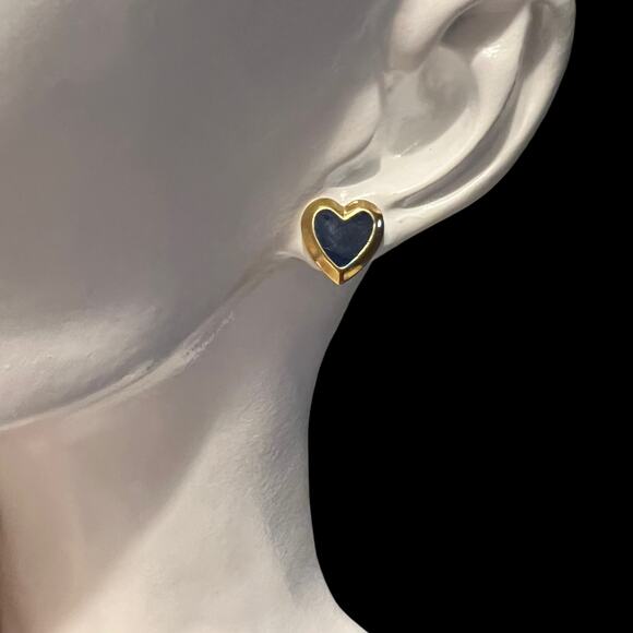 Vintage 90s Blue and Gold Heart Post Earrings - Picture 1 of 16